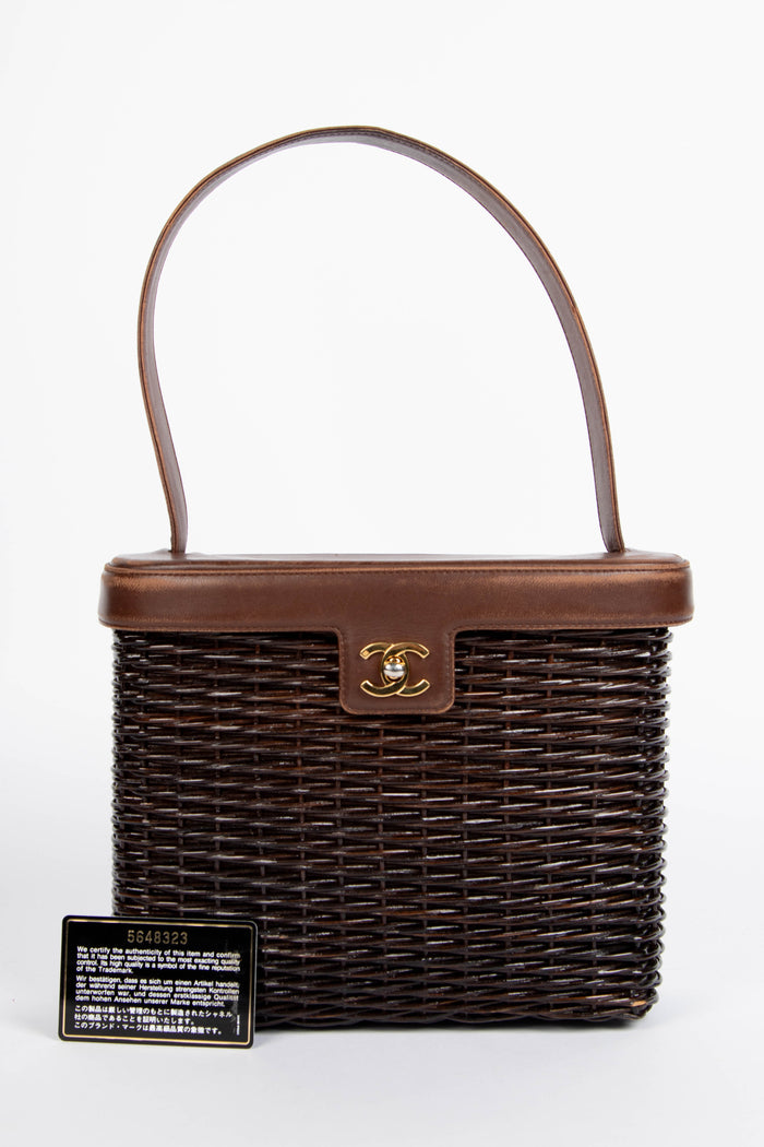 RARE Chanel Brown Wicker Basket Small Top Handle Bag
