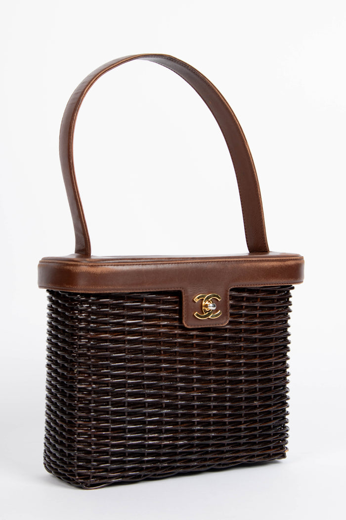 RARE Chanel Brown Wicker Basket Small Top Handle Bag