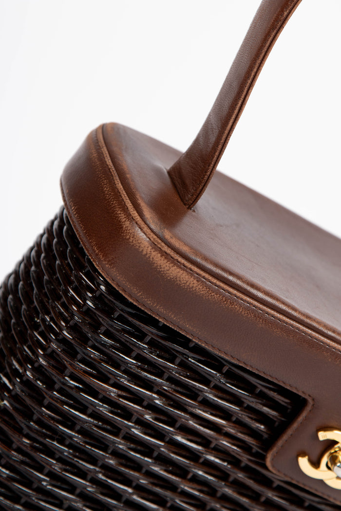 RARE Chanel Brown Wicker Basket Small Top Handle Bag