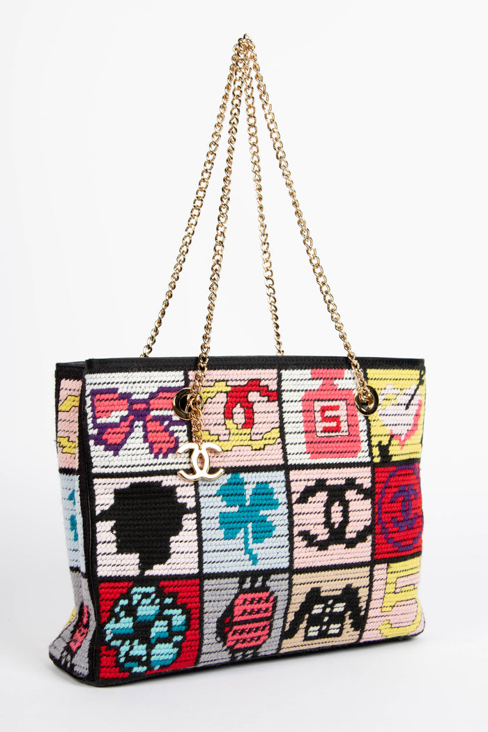 2000s Chanel Embroidered Multicolour Icon Shoulder Bag