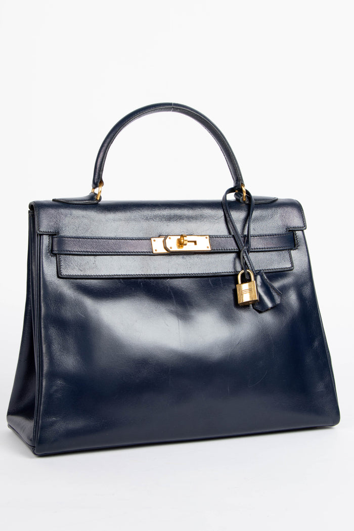 Vintage Hermès Kelly 32cm in Navy Box Calf Leather with GHW