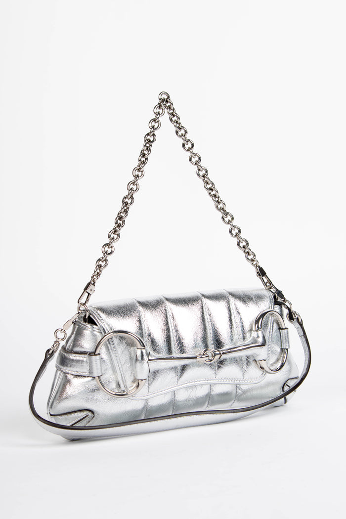 2020s Gucci Silver Quilted Leather Horsebit Shoulder Bag