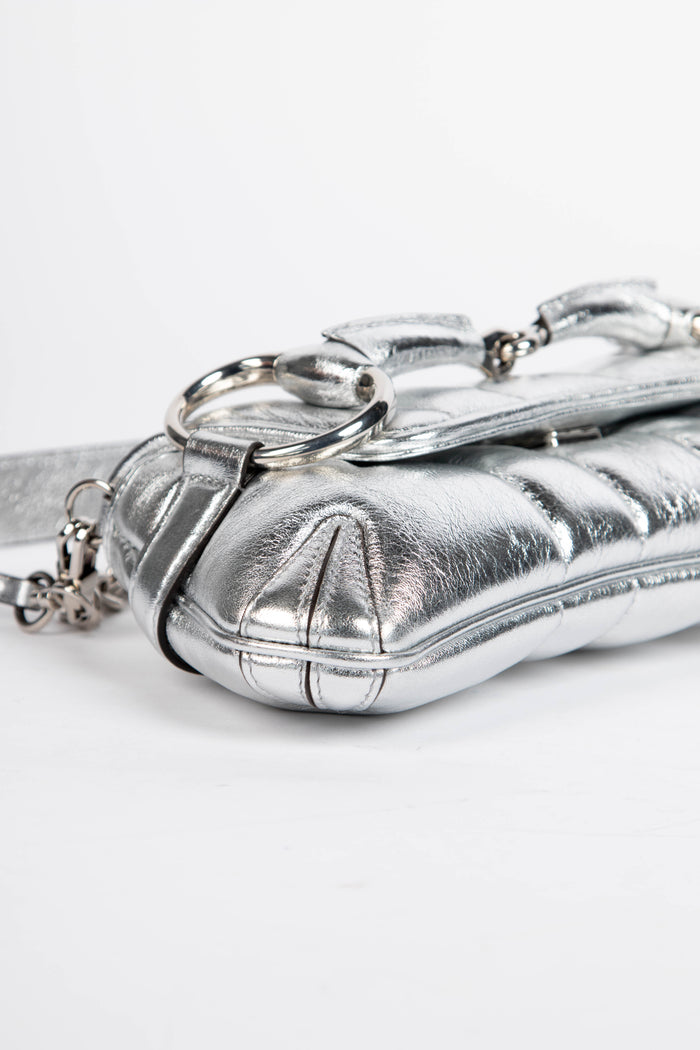 2020s Gucci Silver Quilted Leather Horsebit Shoulder Bag