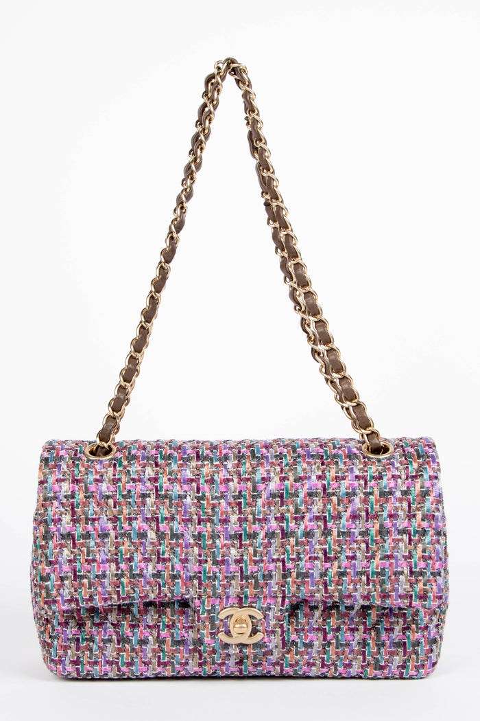 2010s Chanel Multicoloured Tweed Medium Double Flap Shoulder Bag