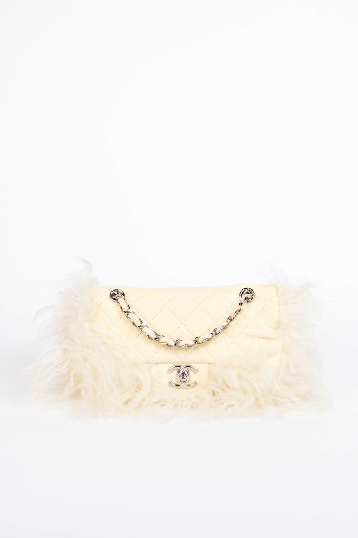SUPER RARE Chanel Cream Tibetan Lambskin Mongolian Fur Single Flap Shoulder Bag
