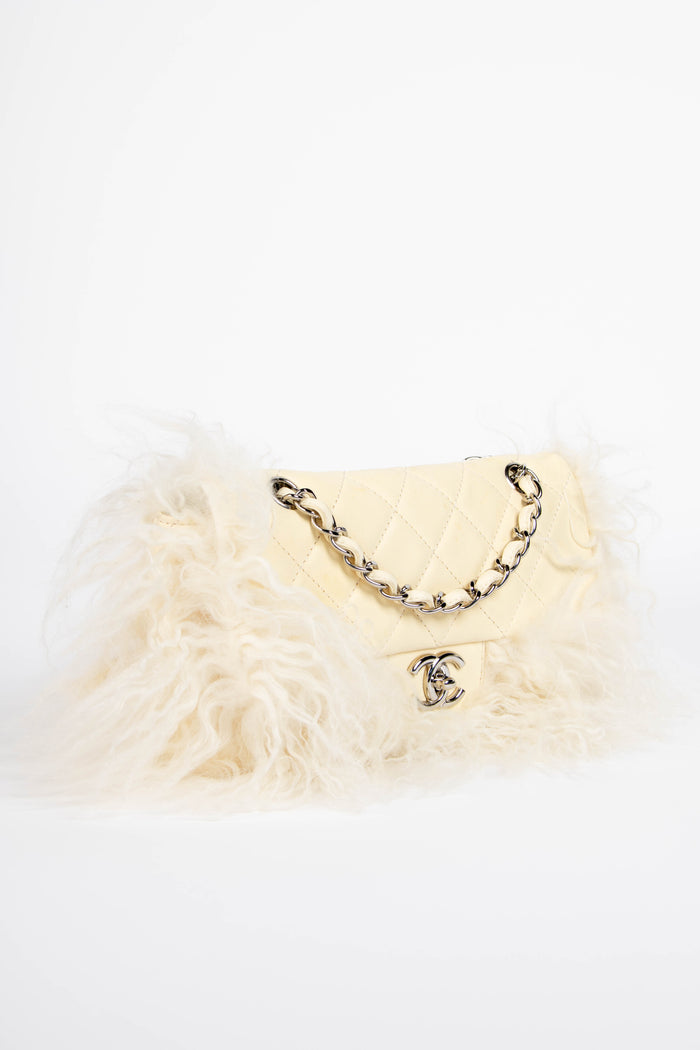 SUPER RARE Chanel Cream Tibetan Lambskin Mongolian Fur Single Flap Shoulder Bag