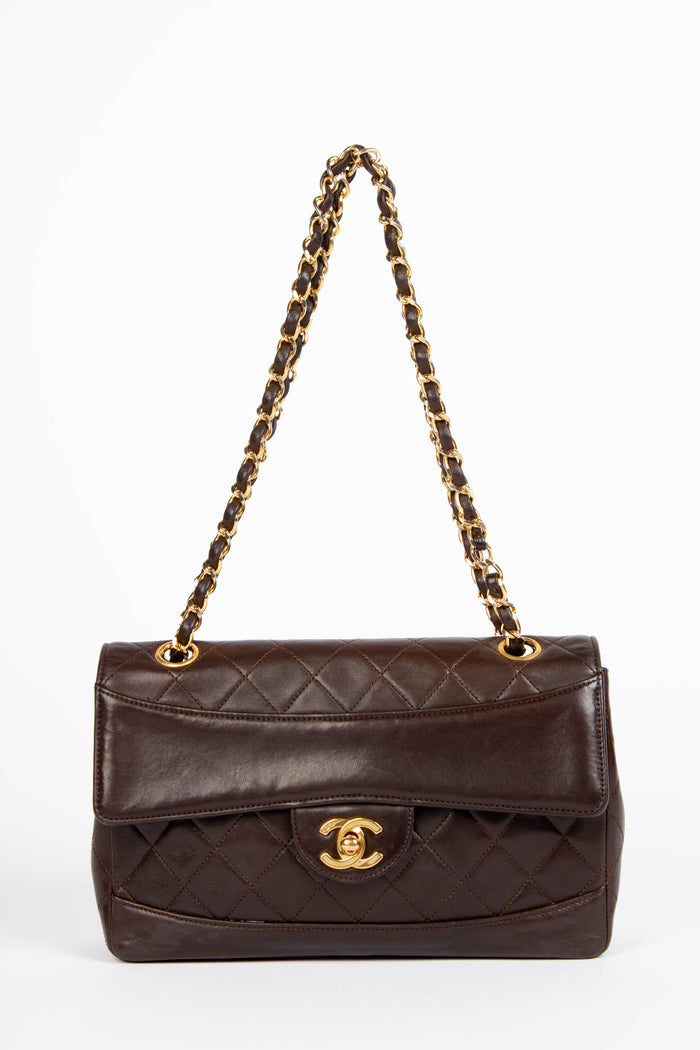 90s Chanel Brown Lambskin Leather Single Flap Bag with GHW