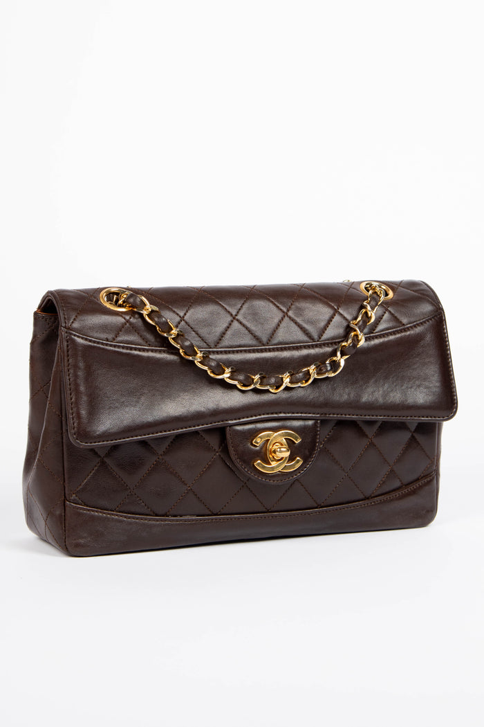 90s Chanel Brown Lambskin Leather Single Flap Bag with GHW