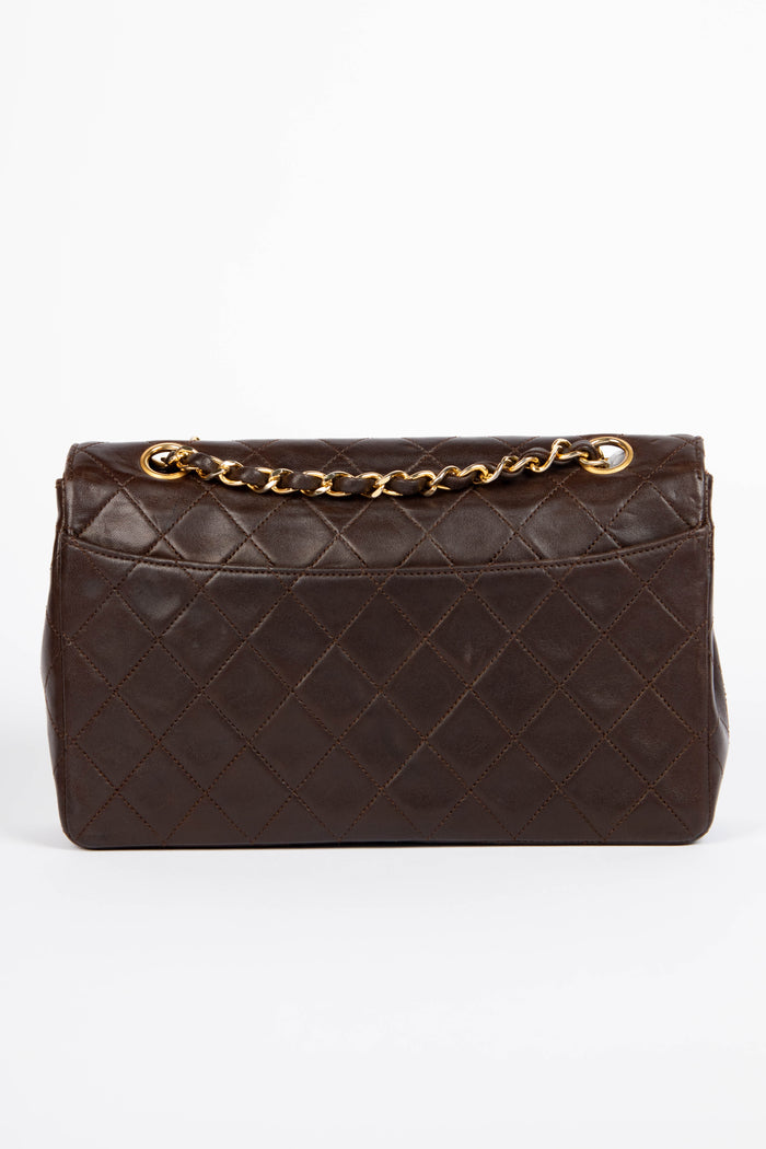 90s Chanel Brown Lambskin Leather Single Flap Bag with GHW