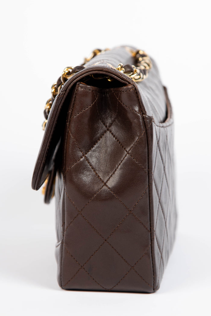 90s Chanel Brown Lambskin Leather Single Flap Bag with GHW