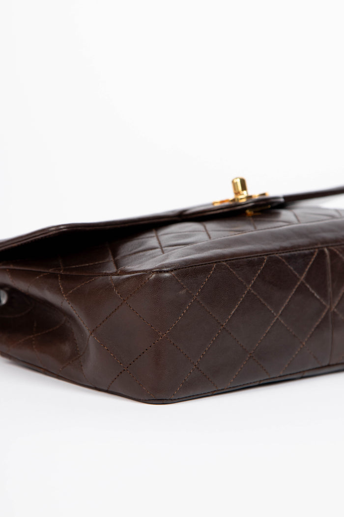 90s Chanel Brown Lambskin Leather Single Flap Bag with GHW