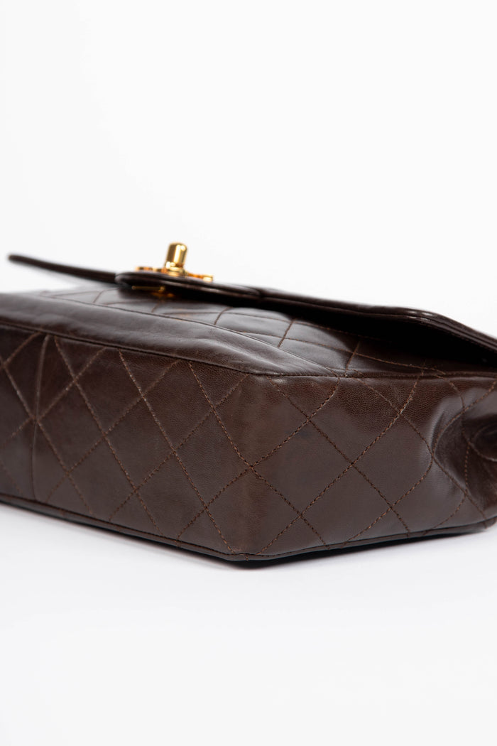90s Chanel Brown Lambskin Leather Single Flap Bag with GHW