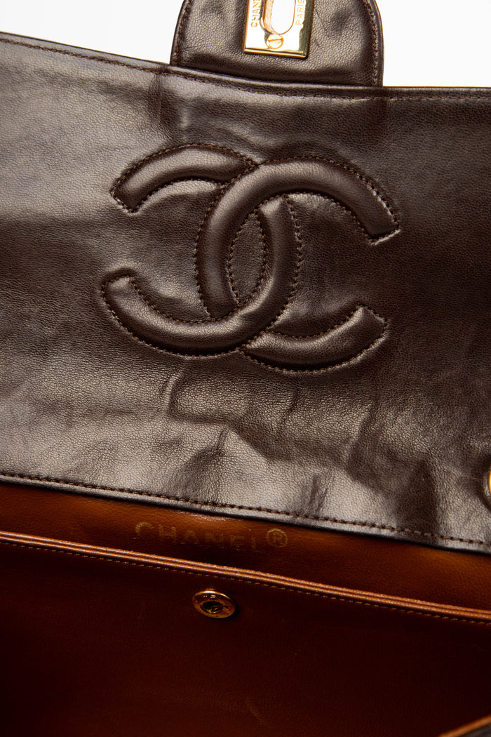 90s Chanel Brown Lambskin Leather Single Flap Bag with GHW