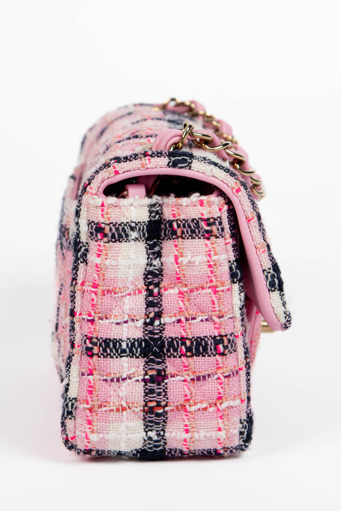 2020s Chanel Pink Tweed Mini Rectangular Flap Shoulder Bag