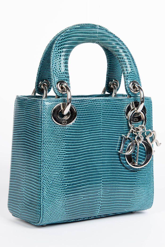 RARE Christian Dior Blue Lizard Mini Lady Dior