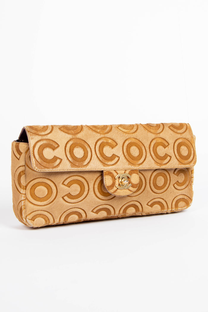 2000s Chanel Beige Coco Pony Hair East West Clutch Bag