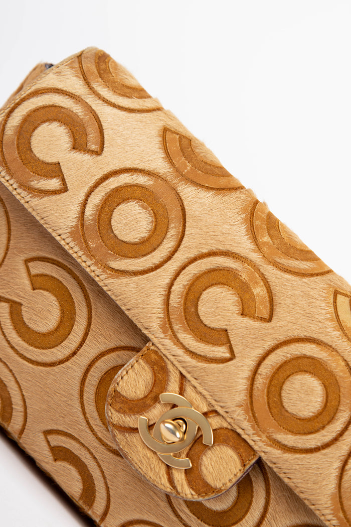 2000s Chanel Beige Coco Pony Hair East West Clutch Bag