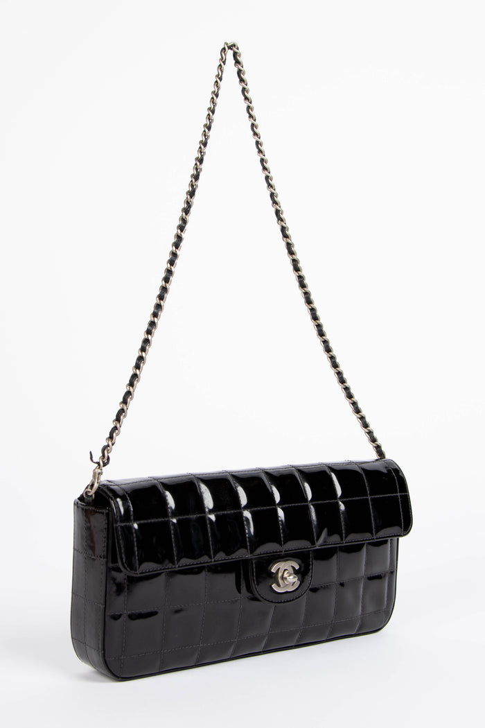 2000s Chanel Black Patent Leather East West Chocolate Bar Flap Bag