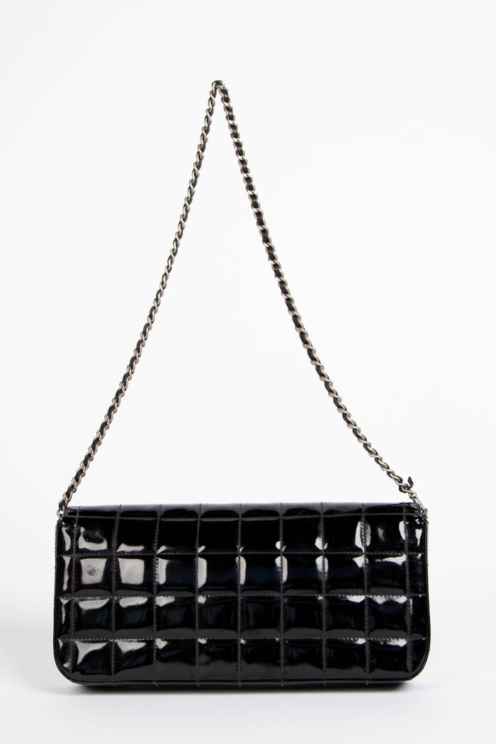 2000s Chanel Black Patent Leather East West Chocolate Bar Flap Bag
