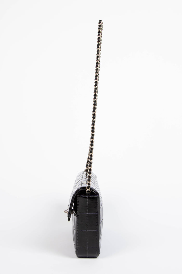 2000s Chanel Black Patent Leather East West Chocolate Bar Flap Bag