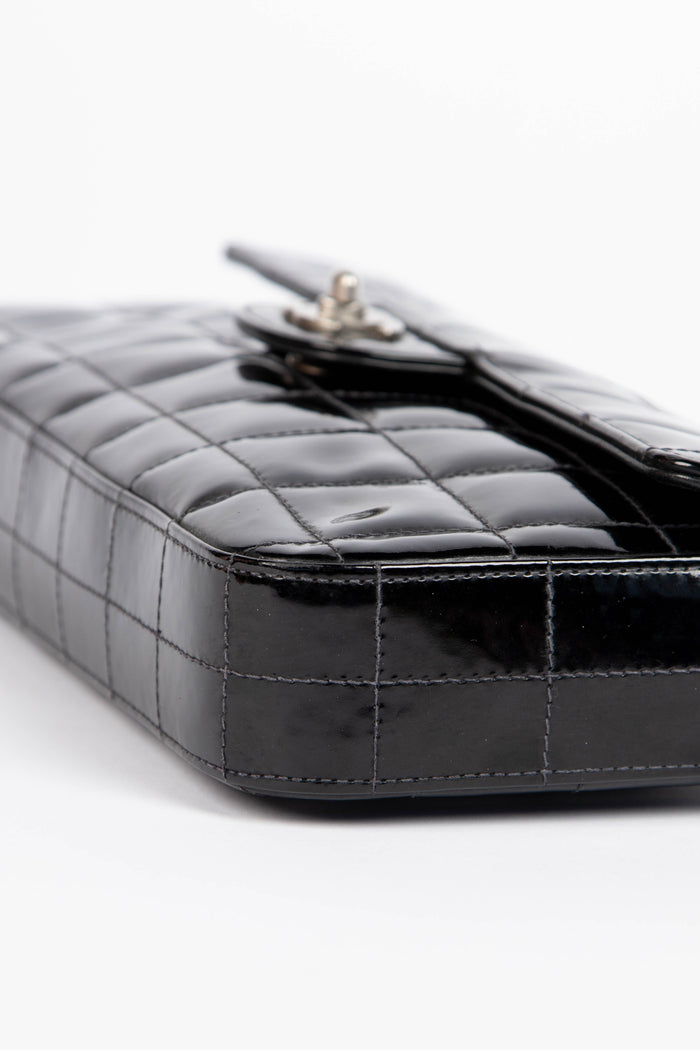 2000s Chanel Black Patent Leather East West Chocolate Bar Flap Bag