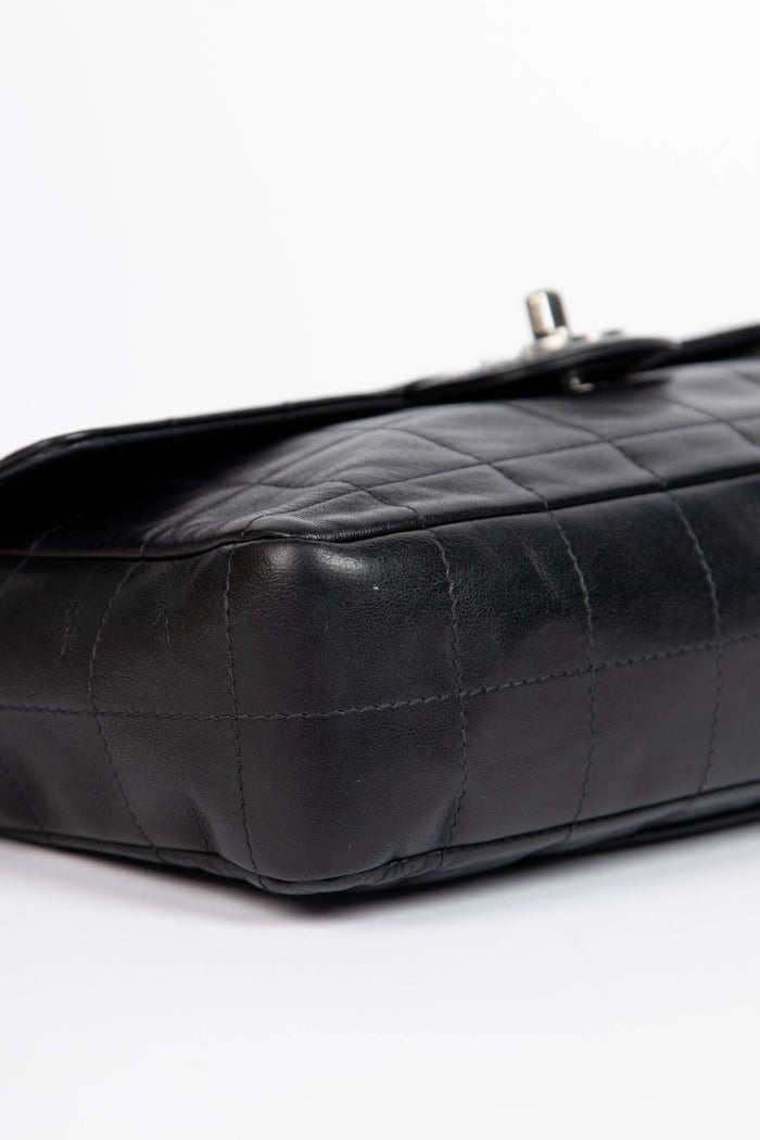 2000s Chanel Black Lambskin Leather Chocolate Bar Single Flap Shoulder Bag