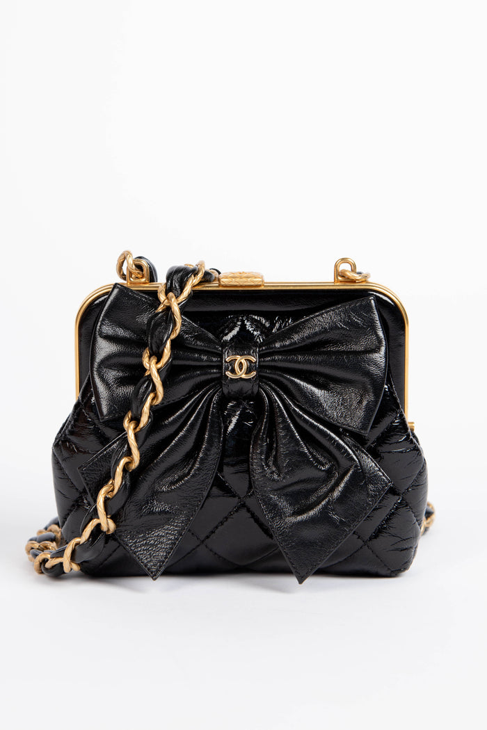 RARE 2020s Chanel Black Shiny Calfskin Bow Small Crossbody Bag