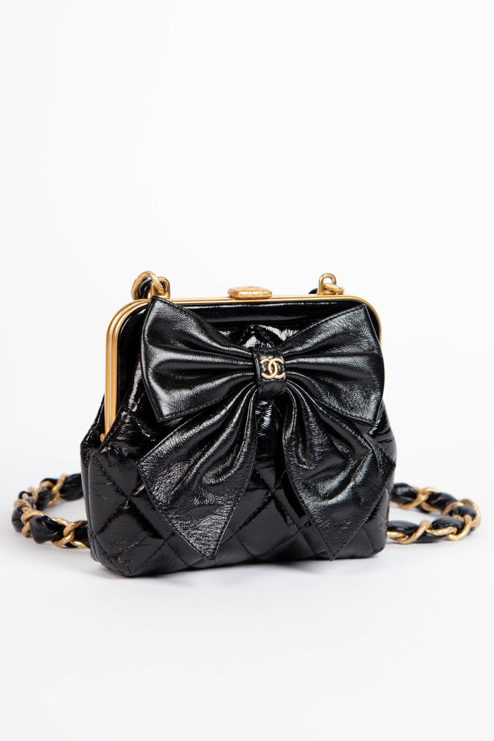 RARE 2020s Chanel Black Shiny Calfskin Bow Small Crossbody Bag