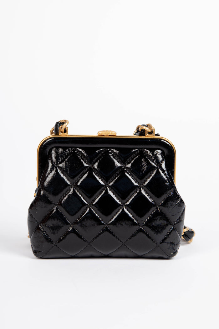 RARE 2020s Chanel Black Shiny Calfskin Bow Small Crossbody Bag