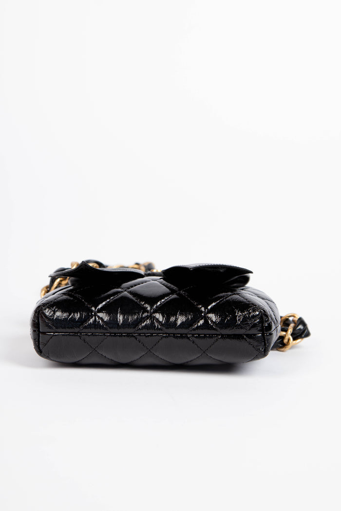 RARE 2020s Chanel Black Shiny Calfskin Bow Small Crossbody Bag