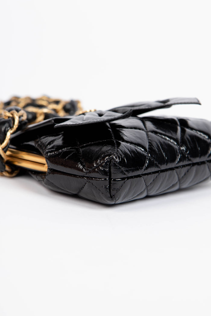 RARE 2020s Chanel Black Shiny Calfskin Bow Small Crossbody Bag