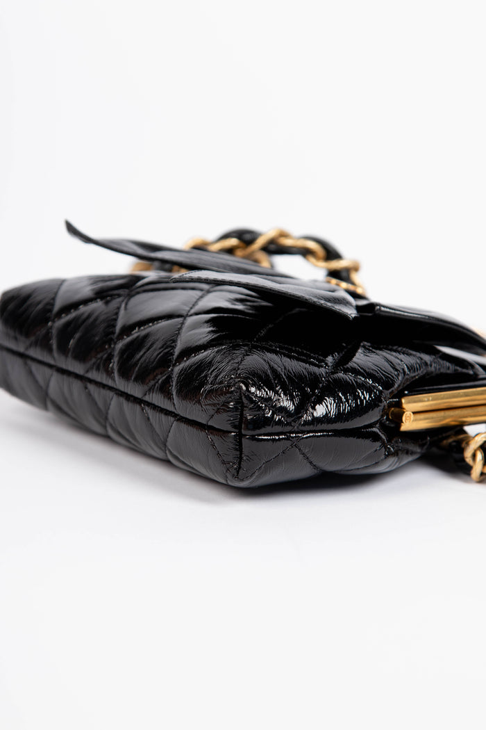 RARE 2020s Chanel Black Shiny Calfskin Bow Small Crossbody Bag
