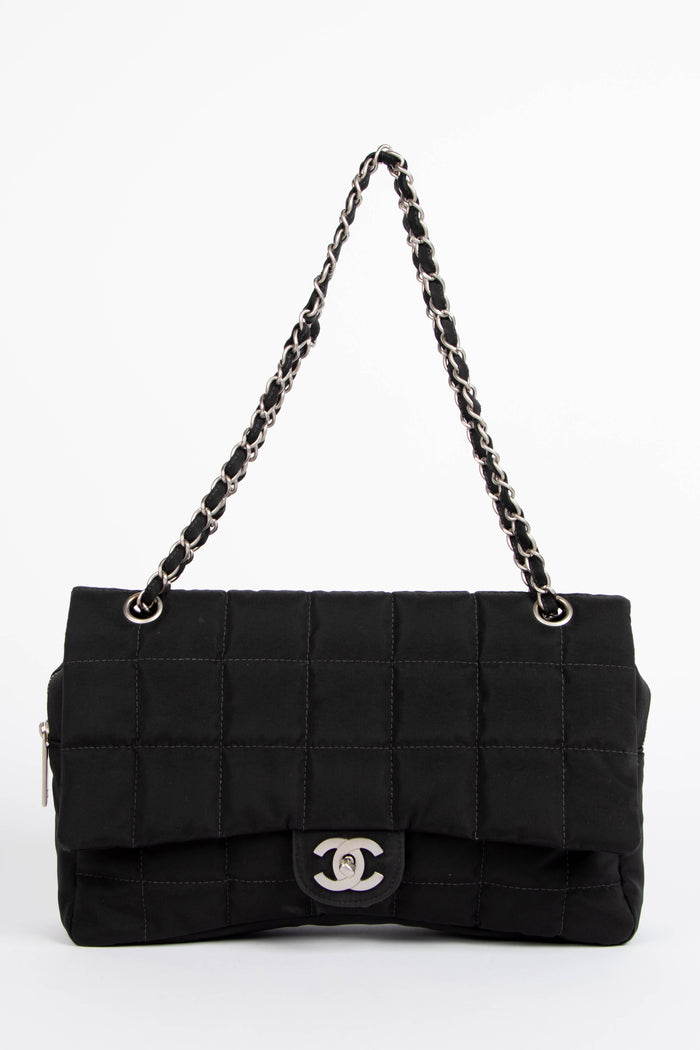 2000s Chanel Black Nylon Single Flap Bag with Brushed Silver Hardware