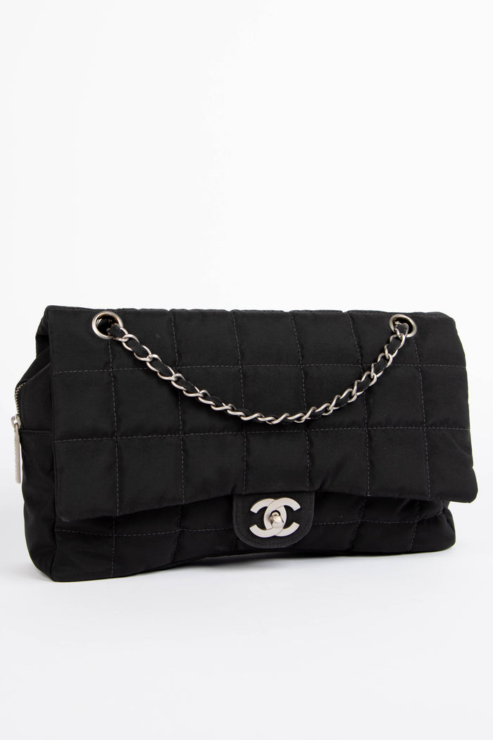 2000s Chanel Black Nylon Single Flap Bag with Brushed Silver Hardware