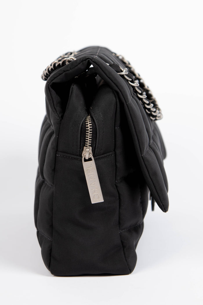 2000s Chanel Black Nylon Single Flap Bag with Brushed Silver Hardware
