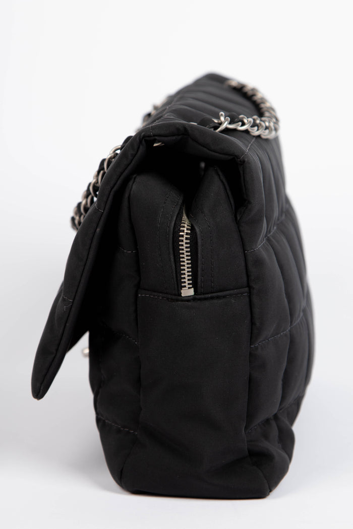 2000s Chanel Black Nylon Single Flap Bag with Brushed Silver Hardware