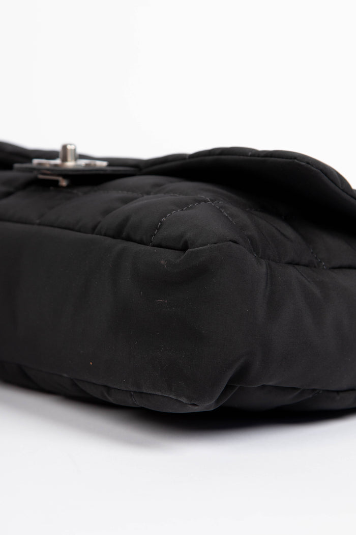 2000s Chanel Black Nylon Single Flap Bag with Brushed Silver Hardware
