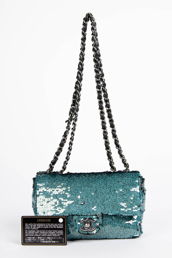 RARE 2010s Chanel Blue Sequin Mini Rectangular Single Flap Bag