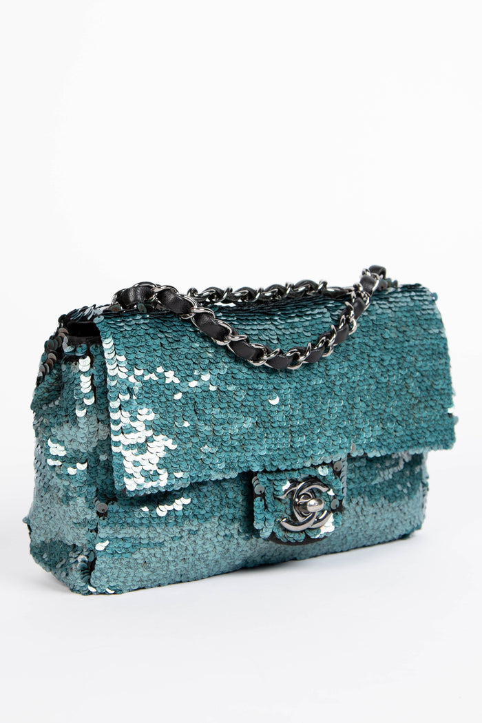 RARE 2010s Chanel Blue Sequin Mini Rectangular Single Flap Bag