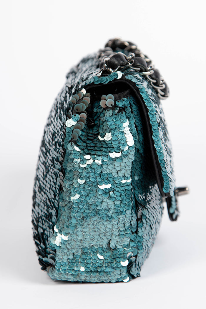 RARE 2010s Chanel Blue Sequin Mini Rectangular Single Flap Bag