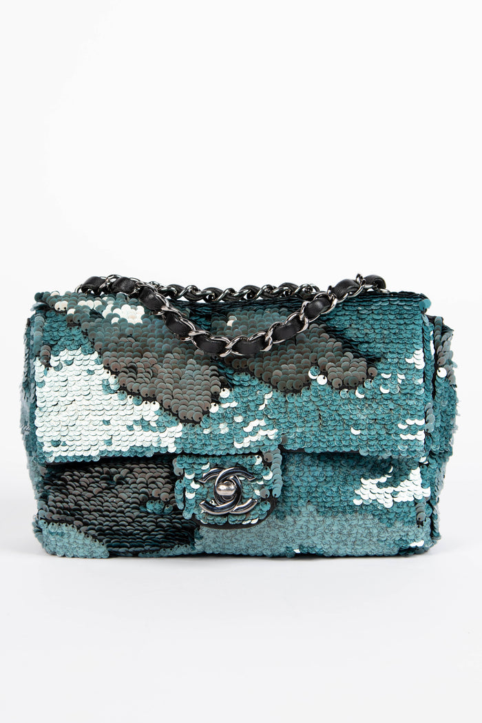 RARE 2010s Chanel Blue Sequin Mini Rectangular Single Flap Bag