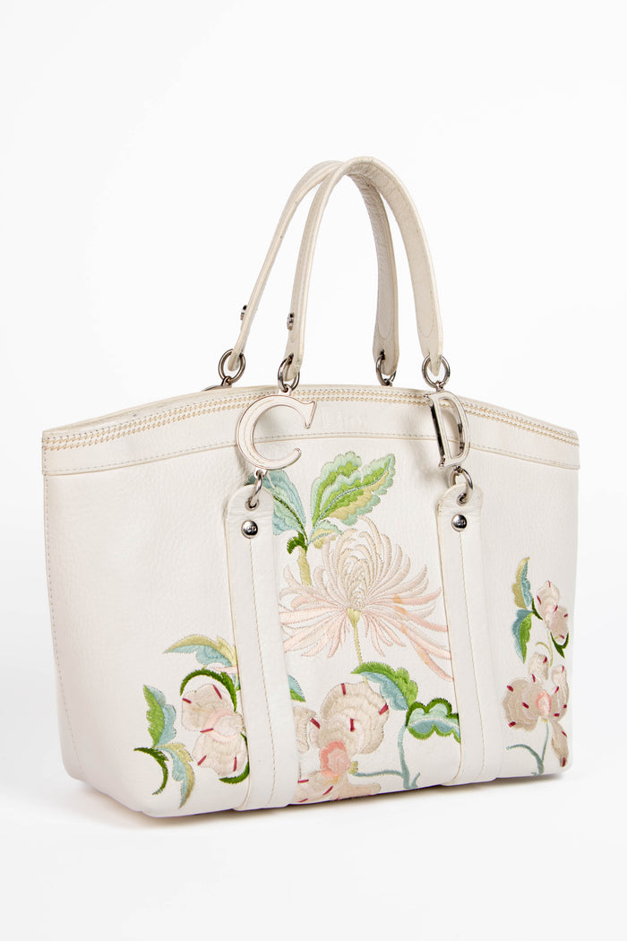 2000s Christian Dior White Leather Frame Floral Tote Bag