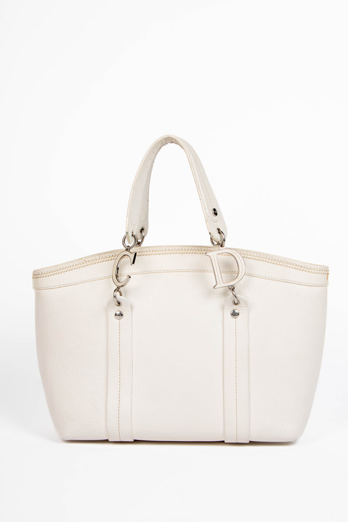 2000s Christian Dior White Leather Frame Floral Tote Bag