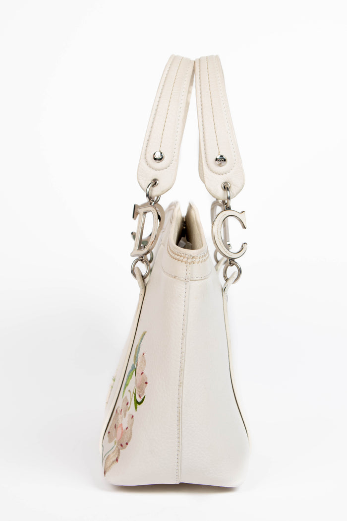 2000s Christian Dior White Leather Frame Floral Tote Bag