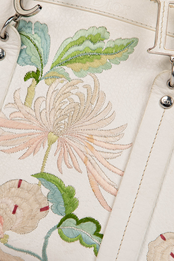 2000s Christian Dior White Leather Frame Floral Tote Bag