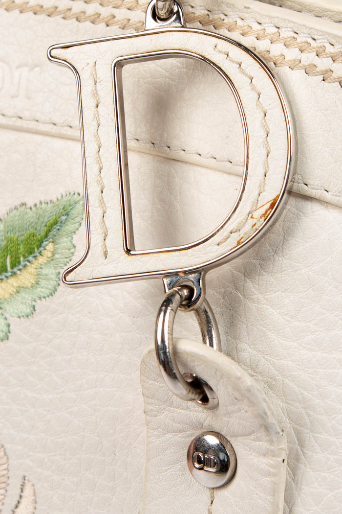 2000s Christian Dior White Leather Frame Floral Tote Bag