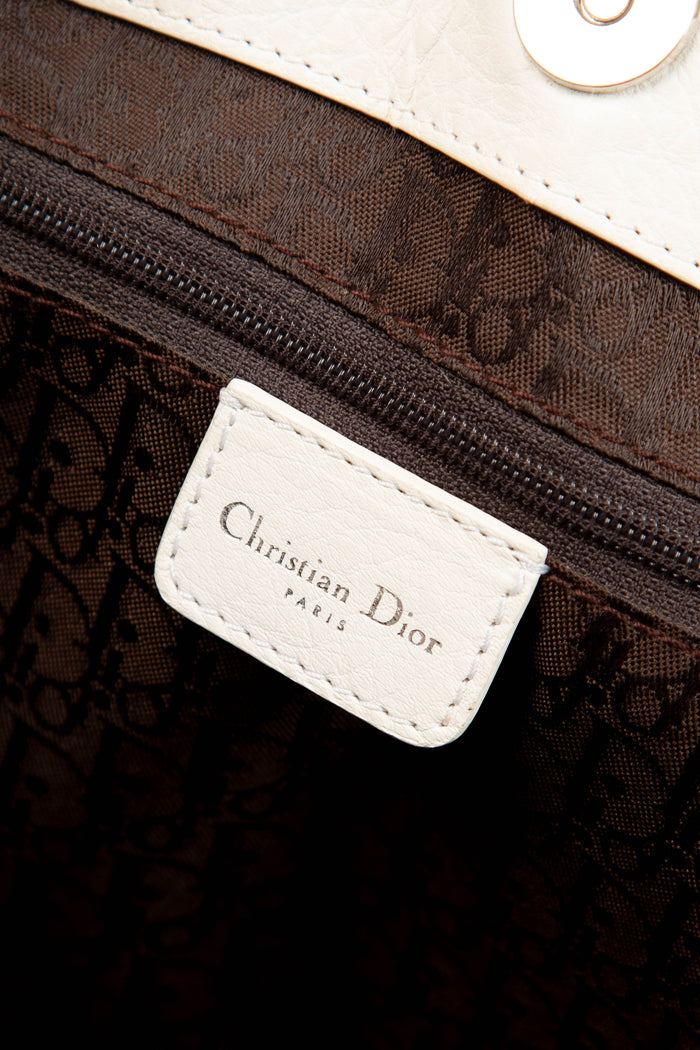 2000s Christian Dior White Leather Frame Floral Tote Bag