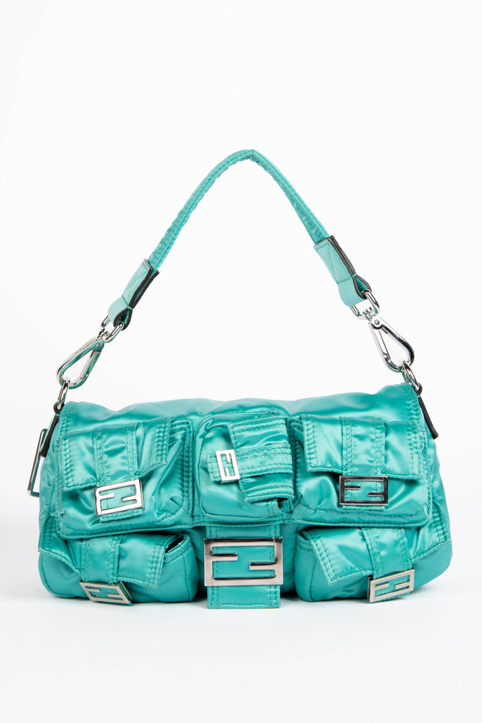 2020s Fendi Blue Silk Multi-Pocket Baguette Shoulder Bag