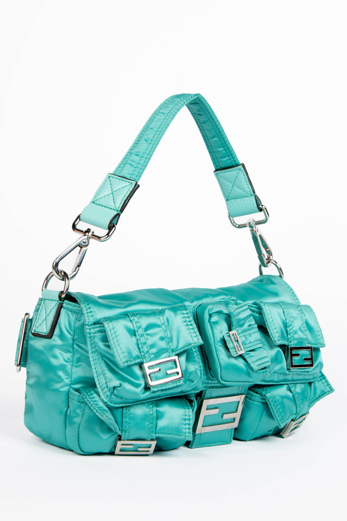 2020s Fendi Blue Silk Multi-Pocket Baguette Shoulder Bag