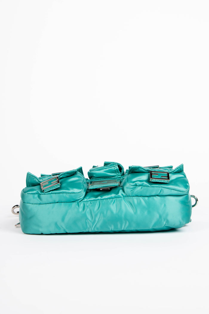 2020s Fendi Blue Silk Multi-Pocket Baguette Shoulder Bag